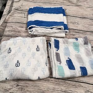Lot of 3 Cloud Island Blue and White Swaddle Blankets with Nautical Theme